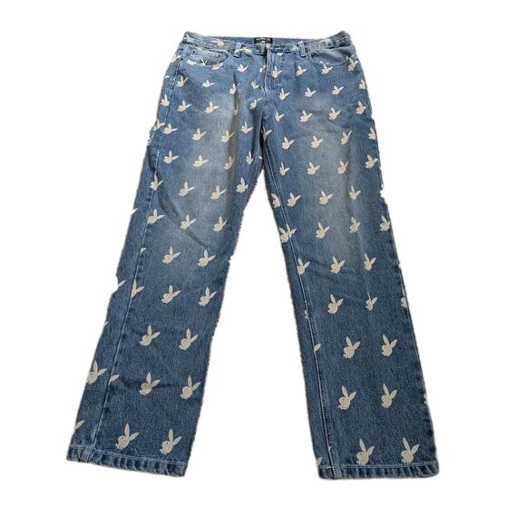 Playboy Jeans Womens Blue Denim Straight Leg Logo Spell Out Embroidery 36X31 - Picture 1 of 8